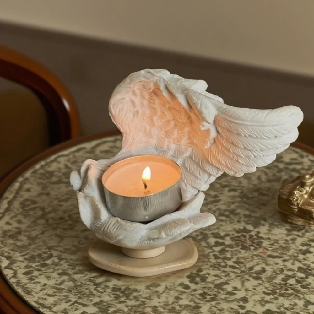 Angel Wing Candle Holder, Resin, 10 x 8 x 6 cm | White or Black | Sculpted Feathers Cast Soft Flickering Light 1