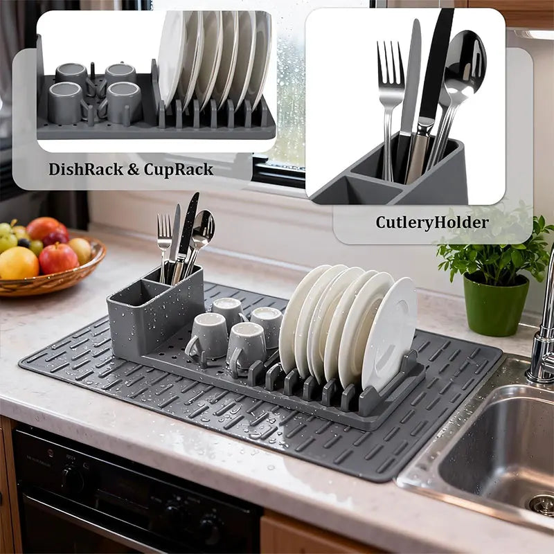 2-Pack Dish Rack Set Silicone Drying Mat Removable Tableware Holder 4