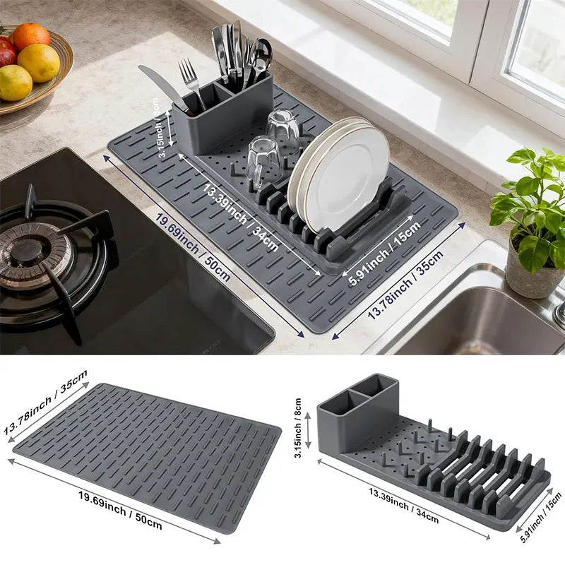 2-Pack Dish Rack Set Silicone Drying Mat Removable Tableware Holder 8