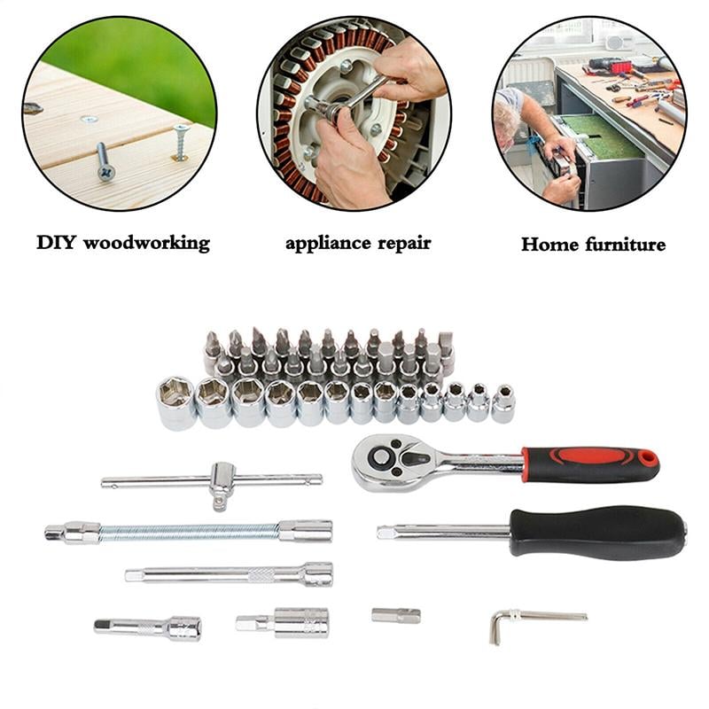 Car Repair Tool Kit Chrome Vanadium Steel | 46-Piece Socket & Bit Set with Ratchet | Includes Organising Storage Case 5