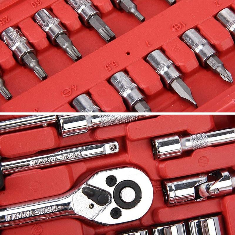 Car Repair Tool Kit Chrome Vanadium Steel | 46-Piece Socket & Bit Set with Ratchet | Includes Organising Storage Case 2