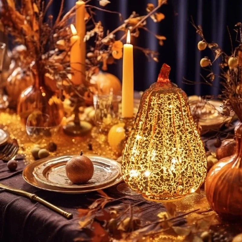Hand-Blown Glass Pumpkin Lamp Autumn Decor | Built-In 6-Hour Timer Function | Silvered Glass Finish, Battery Powered 4