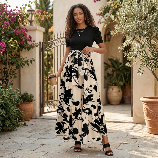 Hannah | Women's Floral Maxi Dress with High Waist & Ruffled Hem - Lightweight Polyester