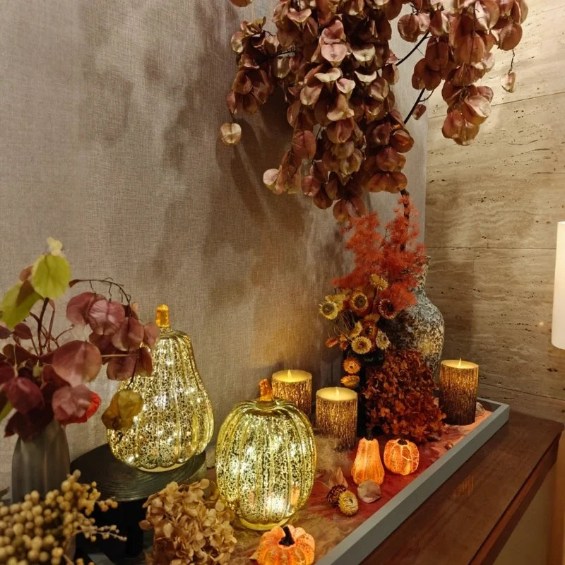 Hand-Blown Glass Pumpkin Lamp Autumn Decor | Built-In 6-Hour Timer Function | Silvered Glass Finish, Battery Powered 20