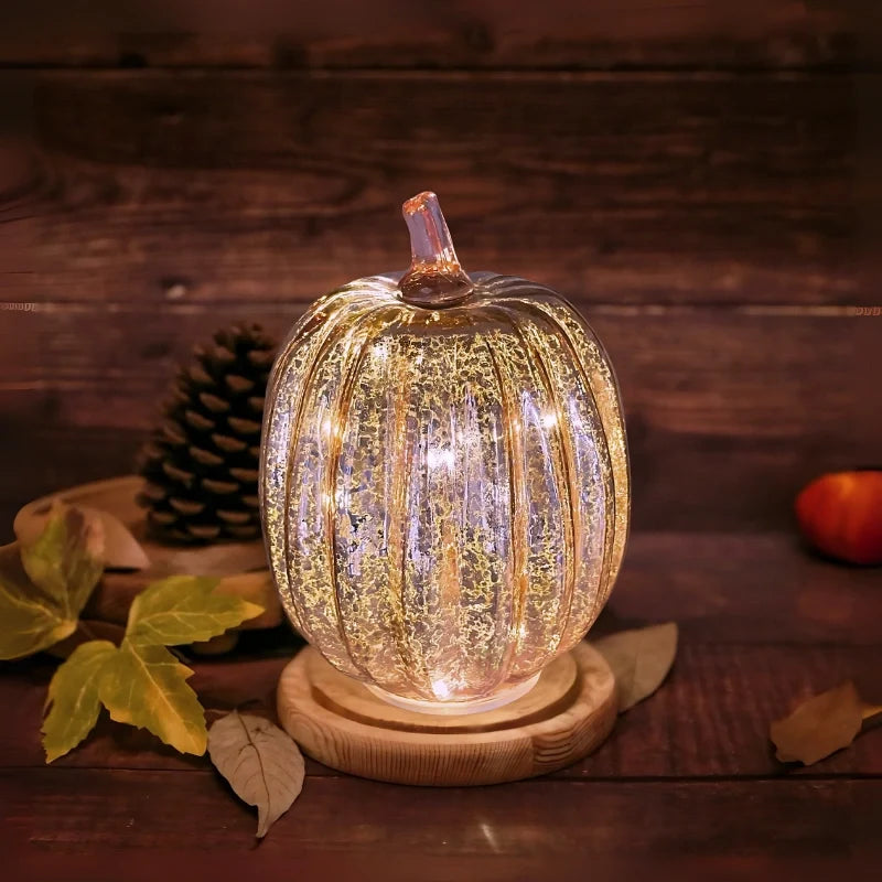 Hand-Blown Glass Pumpkin Lamp Autumn Decor | Built-In 6-Hour Timer Function | Silvered Glass Finish, Battery Powered 13