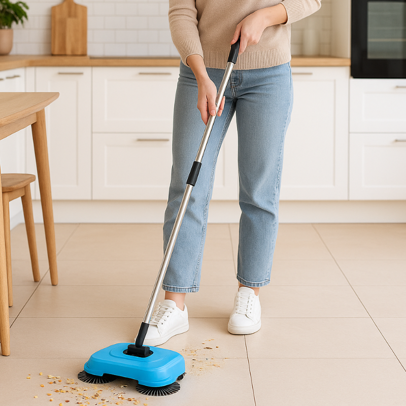 2-in-1 Vacuum Broom Stainless Steel | Cordless, No Battery, 360° Rotating Side Brushes | Works on Tile, Wood, Laminate, Carpets 1