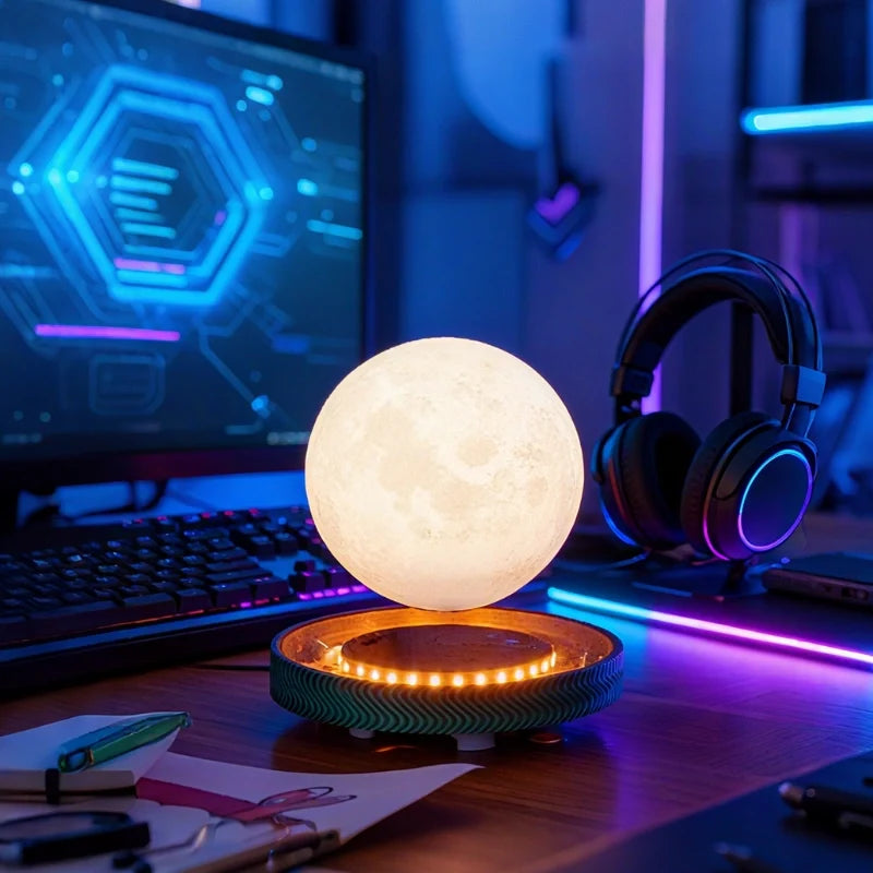 Levitating Planet Lamp, ABS/PLA Globe | Moon or Saturn, Oak/Walnut Base | Magnetic 360° Rotation, 3 Light Colours 4