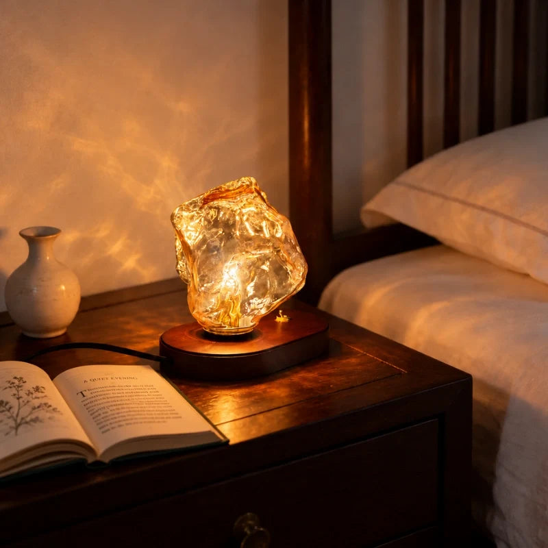 Amber Glass Table Lamp with Oak Base | Textured Glass Casts Warm Ripple Glow | Retro Toggle Switch Plug-In Lamp 2