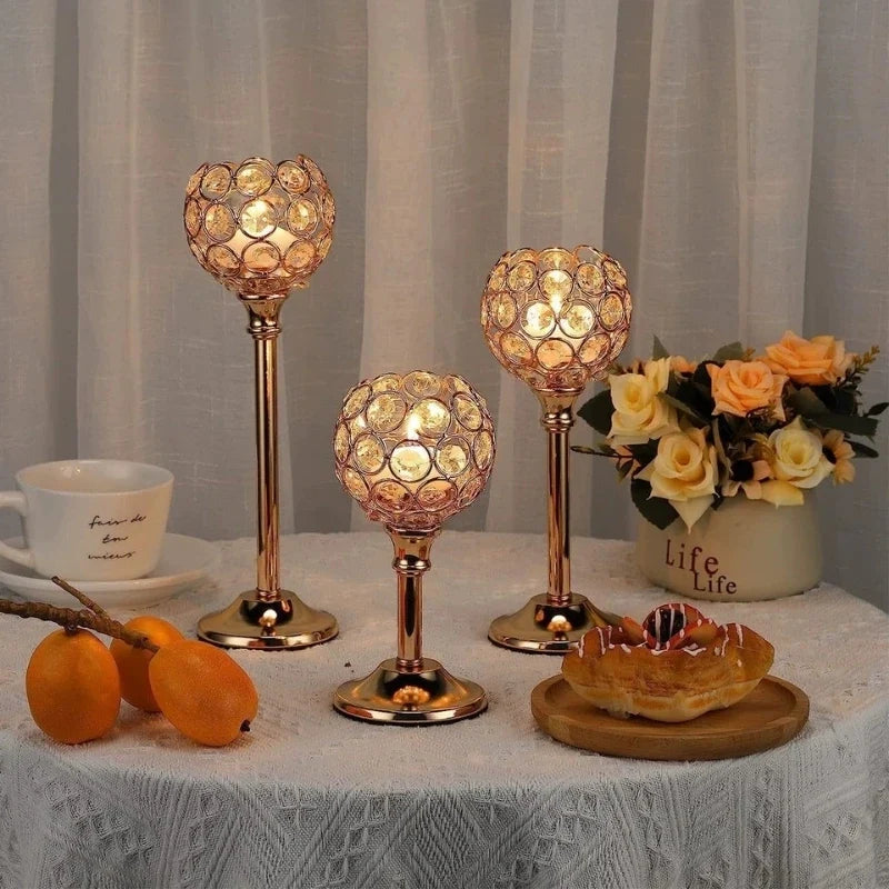 Crystal Sphere Candle Holder | Glass and Iron, Gold or Silver | Faceted Beads Reflect Candlelight, 3 Sizes or Set of 3 1