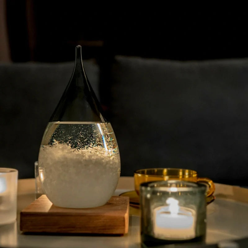 Crystal Weather Lamp Glass & Wood | Water Drop or Cube Shape, USB or Battery Powered | 7-Colour LED, Crystals React to Temperature 9