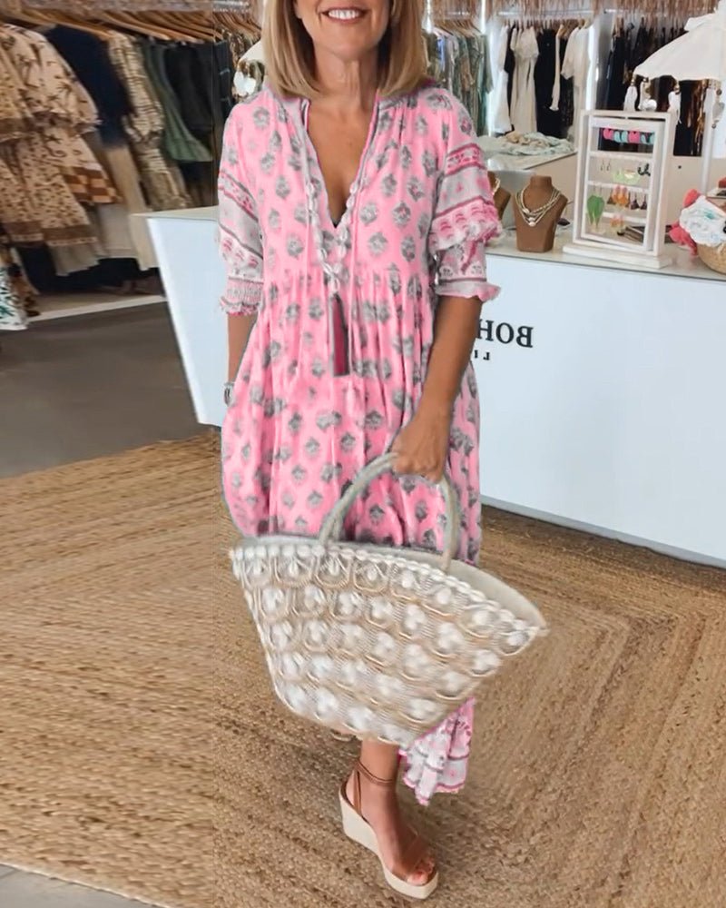 Floral V-Neck Women's Dress | Casual Midi Length in Cotton Blend - Summer Style for Plus Sizes S-3XL 3