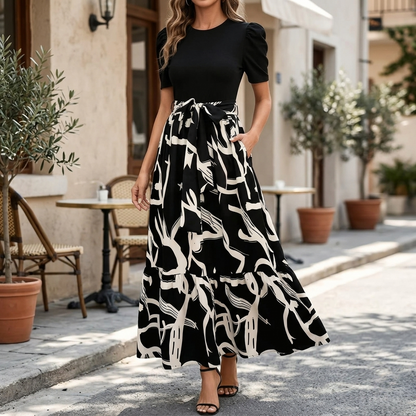 Hannah | Women's Floral Maxi Dress with High Waist & Ruffled Hem - Lightweight Polyester