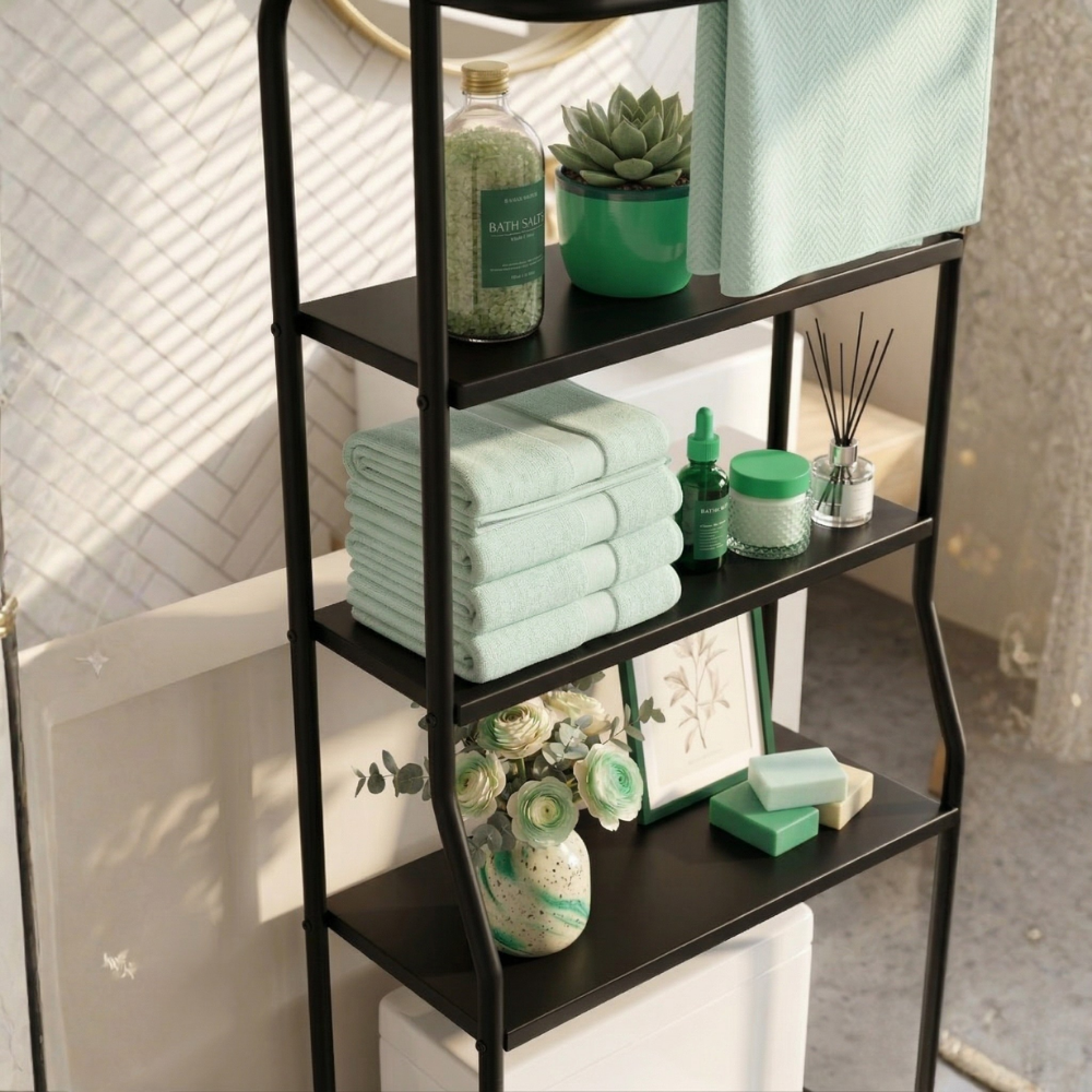 3-Tier Over-Toilet Storage Shelf | Freestanding Unit, No Drilling Required | Integrated Towel Bar, Available in Black or White