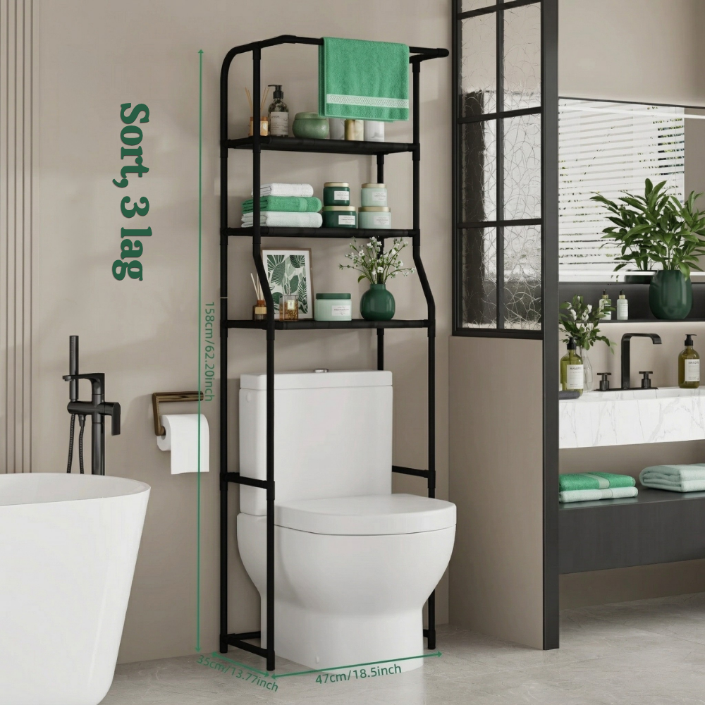 3-Tier Over-Toilet Storage Shelf | Freestanding Unit, No Drilling Required | Integrated Towel Bar, Available in Black or White