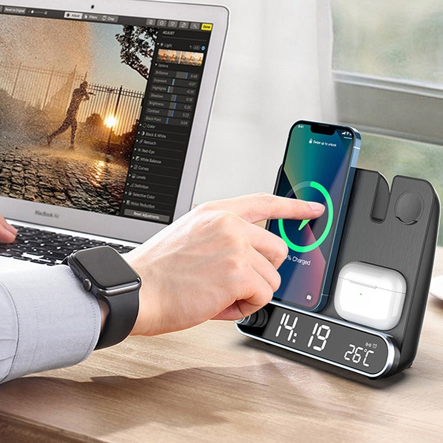 3-in-1 Wireless Charging Stand with Alarm Clock | Fast-Charges iPhone, Apple Watch & AirPods Together | 15W Qi Charger