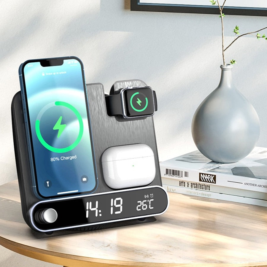 3-in-1 Wireless Charging Stand with Alarm Clock | Fast-Charges iPhone, Apple Watch & AirPods Together | 15W Qi Charger