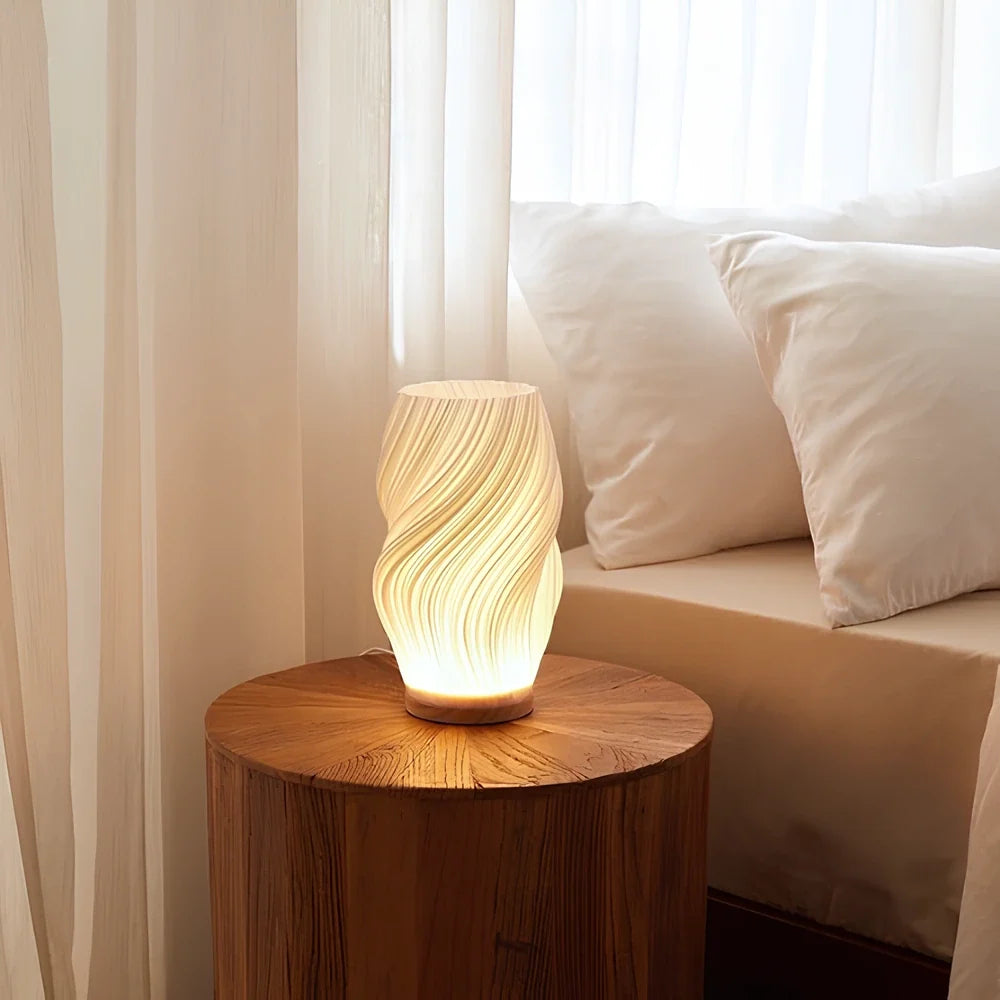 Sculpted Shade Table Lamp Wood Base | Wave, Swirl or Cloud Style, Medium or Large | Dimmable Warm & Natural White, USB Powered 12