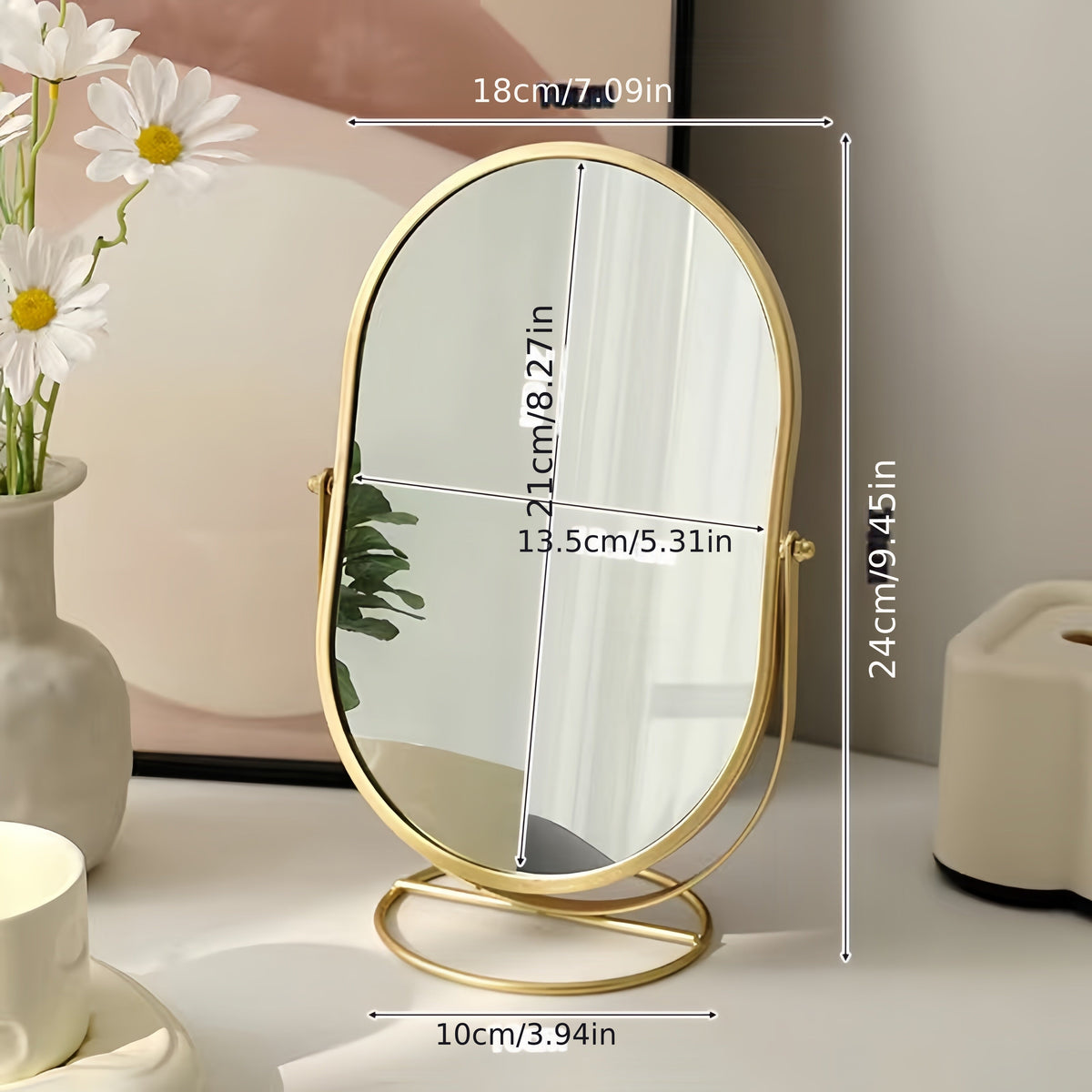360° Rotating Makeup Mirror, Iron Frame | Tabletop Mount, No Batteries Needed | Clear View From Every Angle, Glass Surface