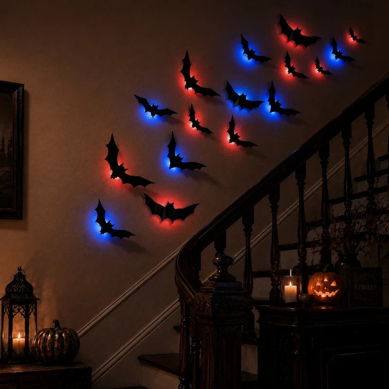 3D Bat Swarm Halloween Wall Decorations | 24, 48 or 72 Foldable PVC Bats | LED or Non-LED Versions for Atmospheric Spooky Display