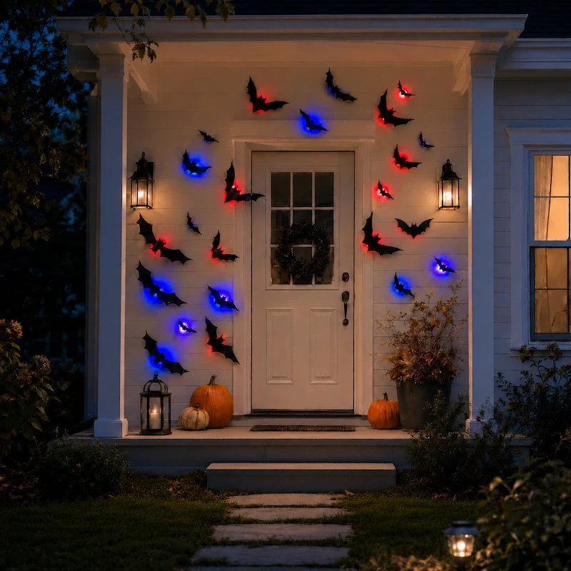 3D Bat Swarm Halloween Wall Decorations | 24, 48 or 72 Foldable PVC Bats | LED or Non-LED Versions for Atmospheric Spooky Display