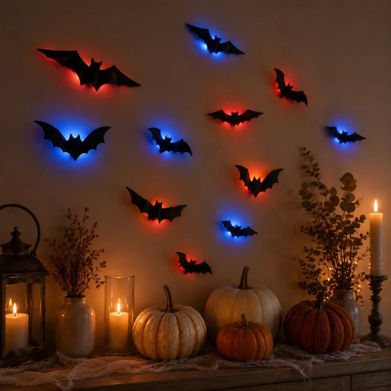 3D Bat Swarm Halloween Wall Decorations | 24, 48 or 72 Foldable PVC Bats | LED or Non-LED Versions for Atmospheric Spooky Display