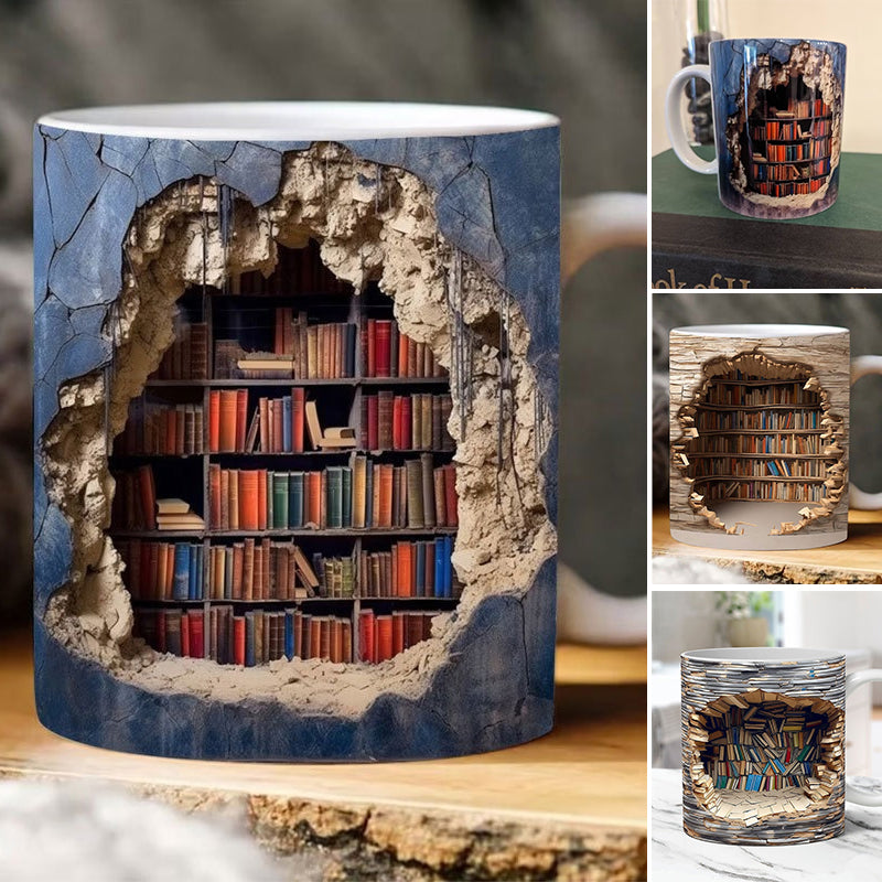 3D Bookshelf Mug Ceramic | Hole-In-The-Wall Book Design | Microwave & Dishwasher Safe Novelty Gift for Book Lovers