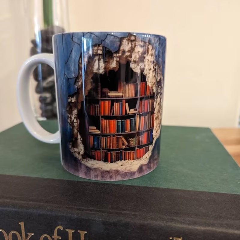 3D Bookshelf Mug Ceramic | Hole-In-The-Wall Book Design | Microwave & Dishwasher Safe Novelty Gift for Book Lovers