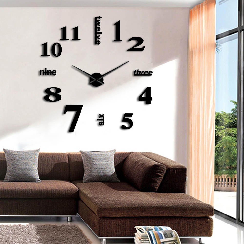 3D DIY Wall Clock Large 37in/47in | Black Silver Gold Options | Silent Quartz Movement, Easy Assembly for Home Decor