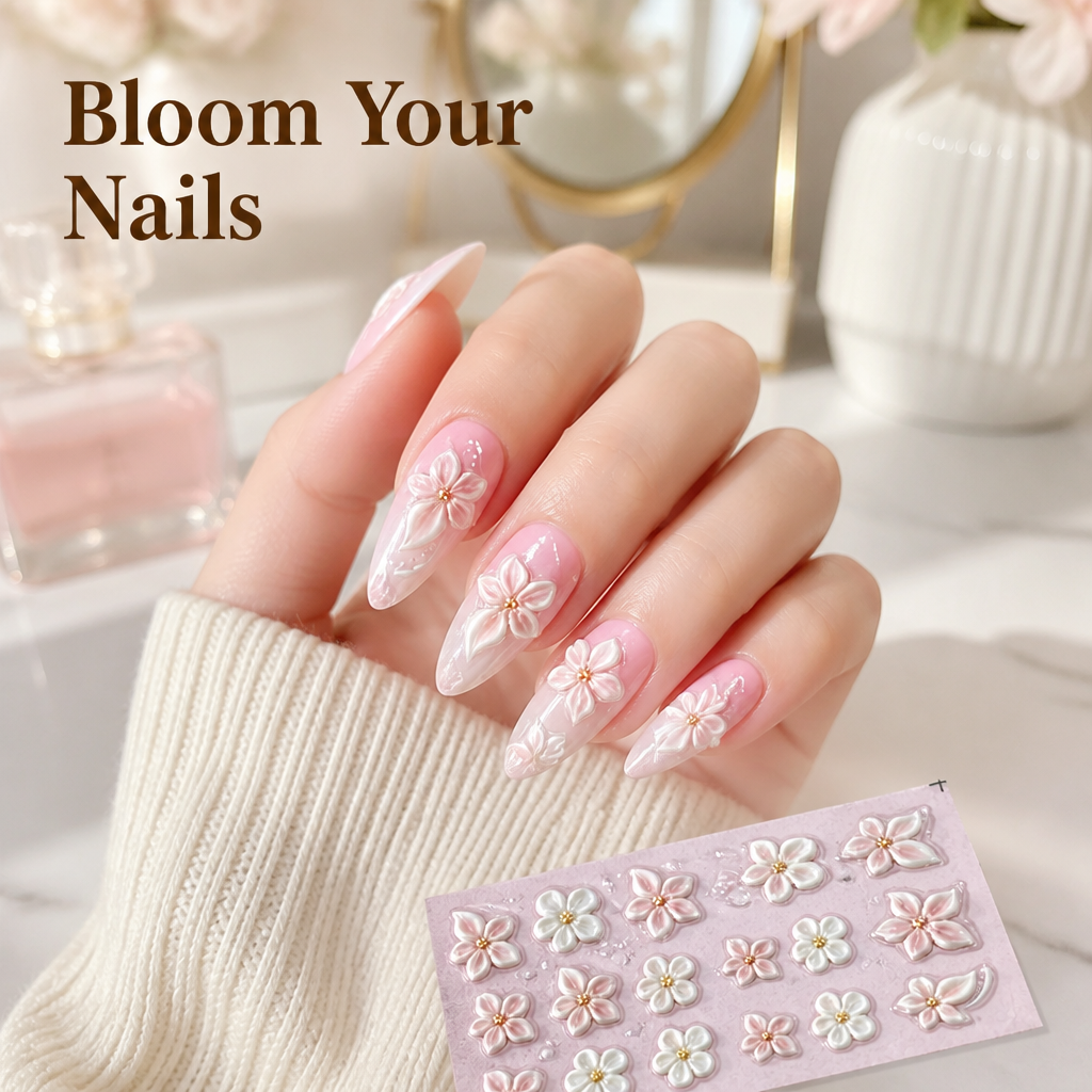 3D Floral Nail Stickers | Embossed Lily and Daisy Design | Peel-and-Stick Application for an Instant Salon Manicure