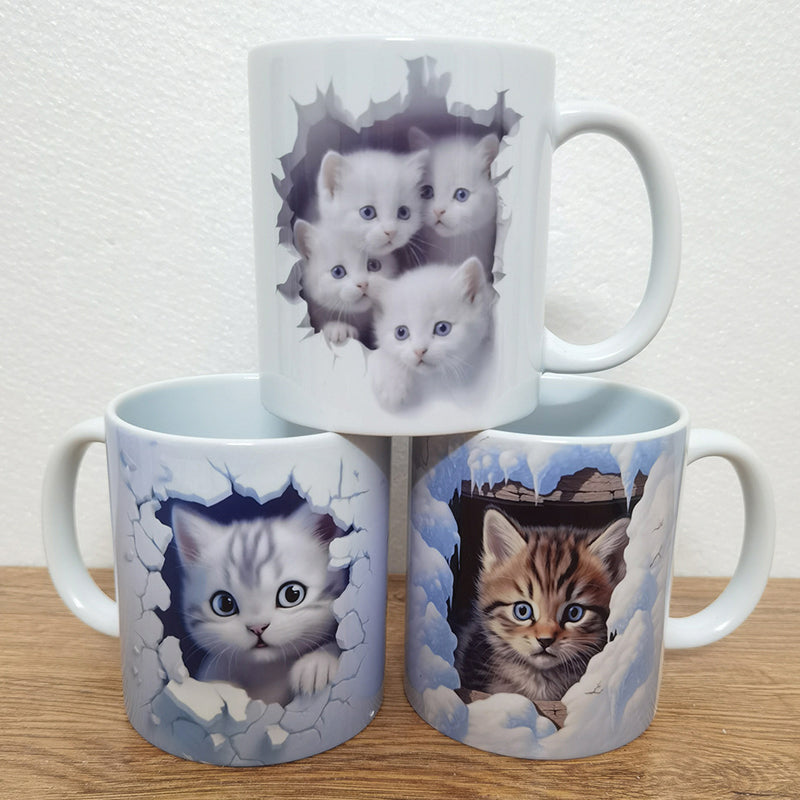 3D Kitten Mug Ceramic | Cat Peeking Through Hole In A Wall Design | 350ml Novelty Coffee Cup Gift for Cat Lovers