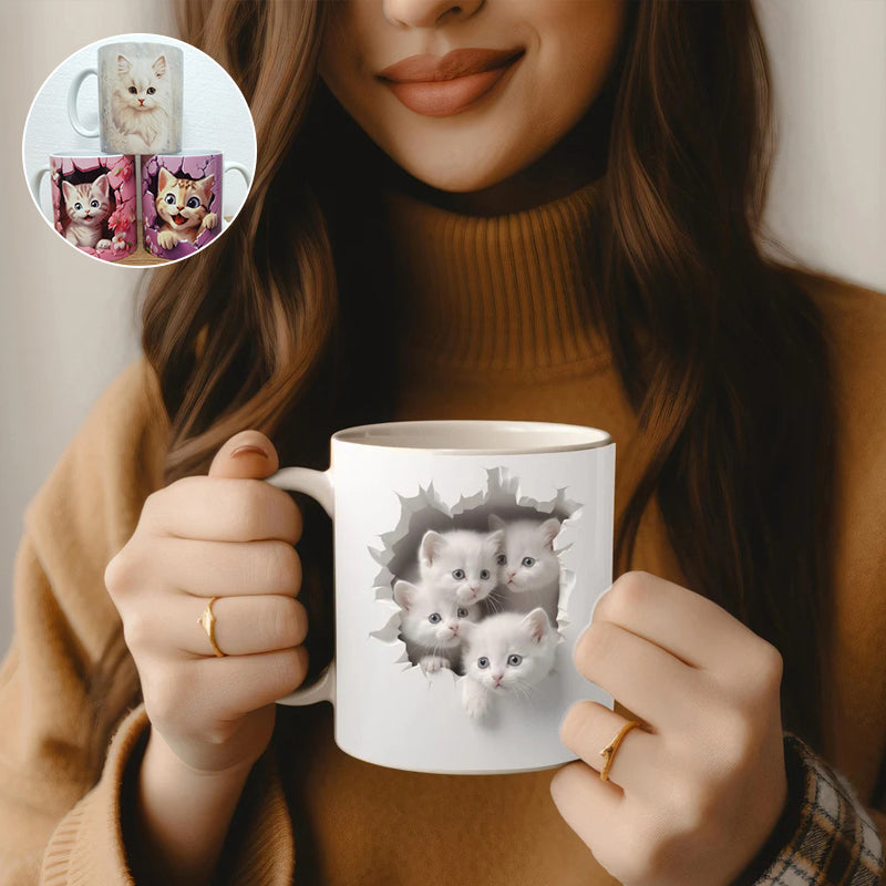 3D Kitten Mug Ceramic | Cat Peeking Through Hole In A Wall Design | 350ml Novelty Coffee Cup Gift for Cat Lovers