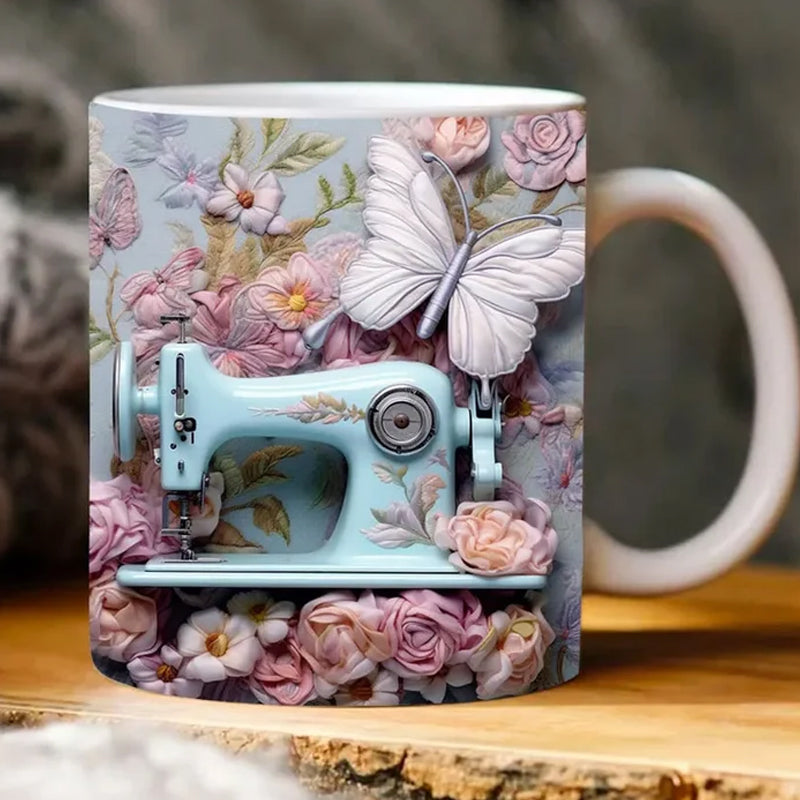 3D Sewing Design Ceramic Mug | Raised Textured Sewing Pattern Decor | Microwave & Dishwasher Safe Coffee Mug Gift
