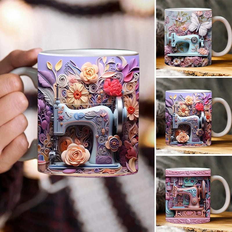 3D Sewing Design Ceramic Mug | Raised Textured Sewing Pattern Decor | Microwave & Dishwasher Safe Coffee Mug Gift