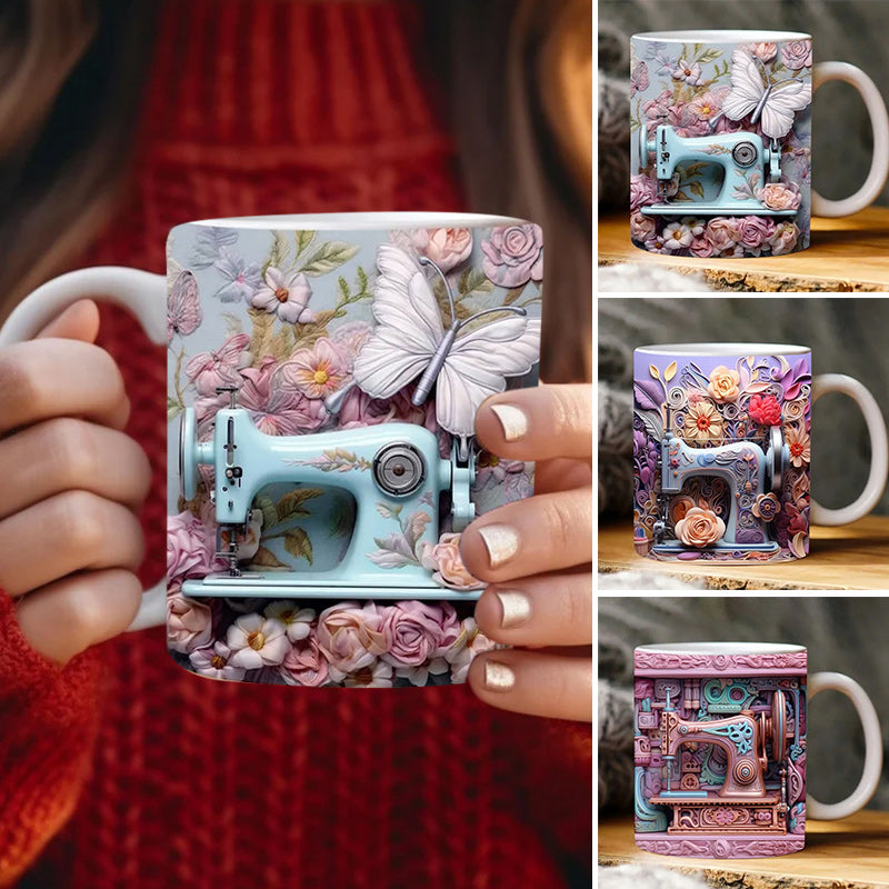 3D Sewing Design Ceramic Mug | Raised Textured Sewing Pattern Decor | Microwave & Dishwasher Safe Coffee Mug Gift