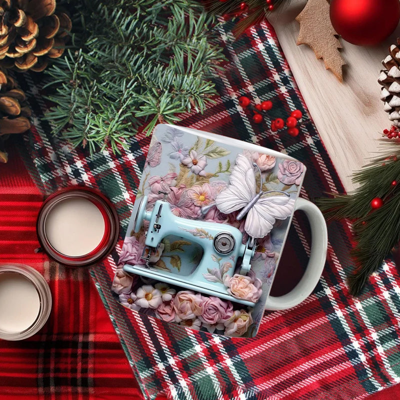 3D Sewing Design Ceramic Mug | Raised Textured Sewing Pattern Decor | Microwave & Dishwasher Safe Coffee Mug Gift