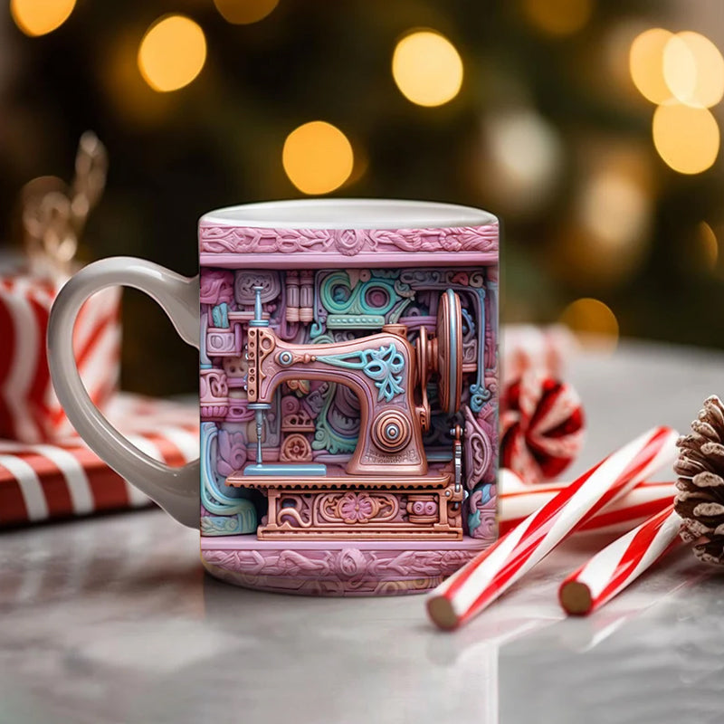 3D Sewing Design Ceramic Mug | Raised Textured Sewing Pattern Decor | Microwave & Dishwasher Safe Coffee Mug Gift