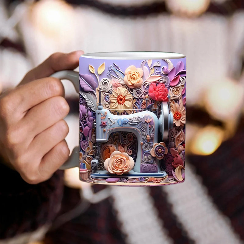 3D Sewing Design Ceramic Mug | Raised Textured Sewing Pattern Decor | Microwave & Dishwasher Safe Coffee Mug Gift