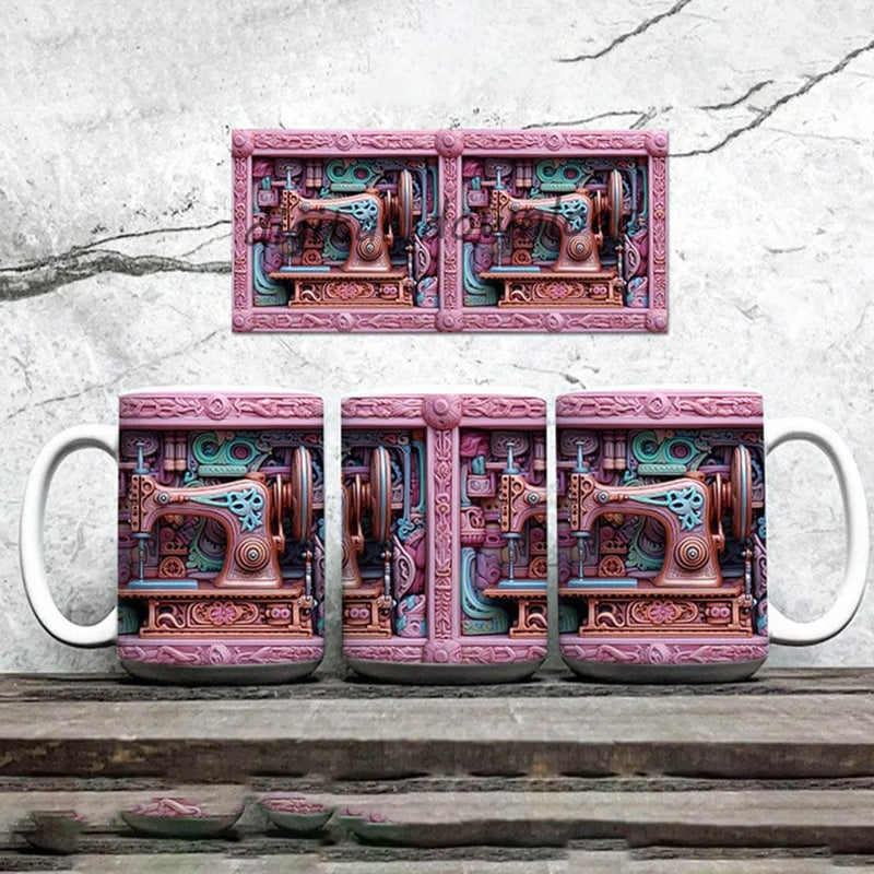 3D Sewing Design Ceramic Mug | Raised Textured Sewing Pattern Decor | Microwave & Dishwasher Safe Coffee Mug Gift