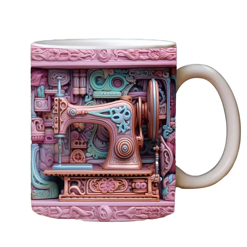 3D Sewing Design Ceramic Mug | Raised Textured Sewing Pattern Decor | Microwave & Dishwasher Safe Coffee Mug Gift