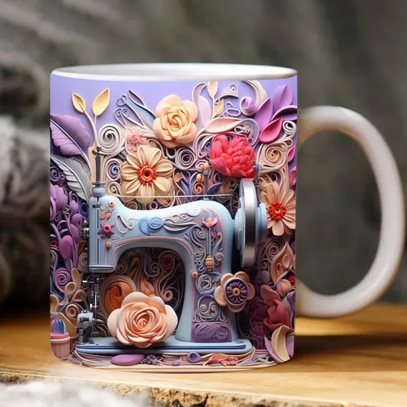 3D Sewing Design Ceramic Mug | Raised Textured Sewing Pattern Decor | Microwave & Dishwasher Safe Coffee Mug Gift