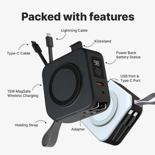 Wireless Charger Power Bank 5-in-1 Wall Plug Qi-Compatible with Built-In Cables 8