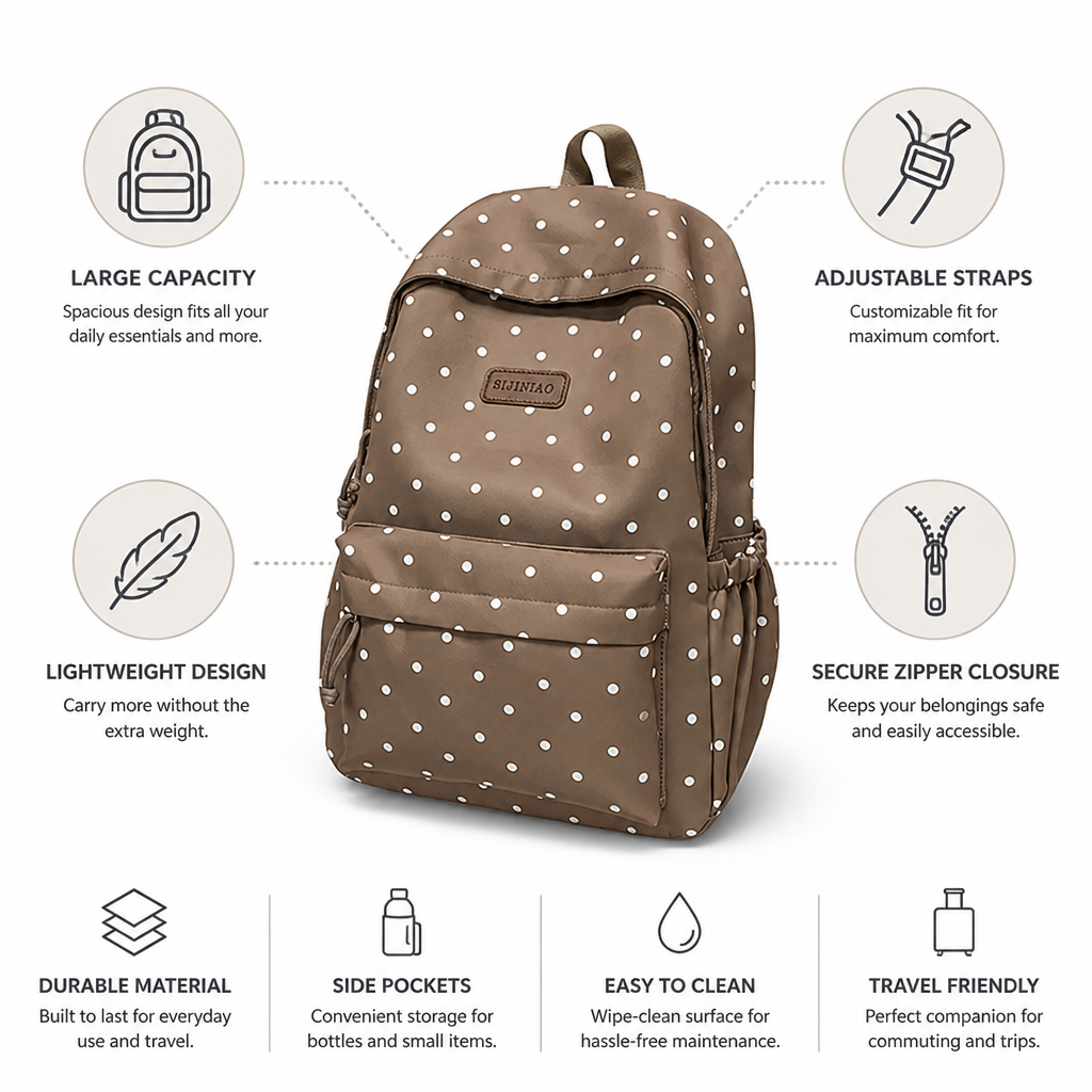 Polka Dot Backpack | Lightweight Large-Capacity Design with Adjustable Straps | Secure Zipper Closure for Everyday Carry 4