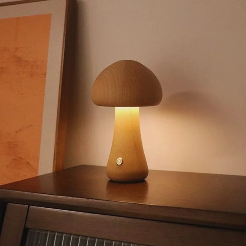 Wooden Mushroom Table Lamp Solid Wood | Cordless Rechargeable Dimmable Nightlight | Up to 10 Hours Warm White Glow 9