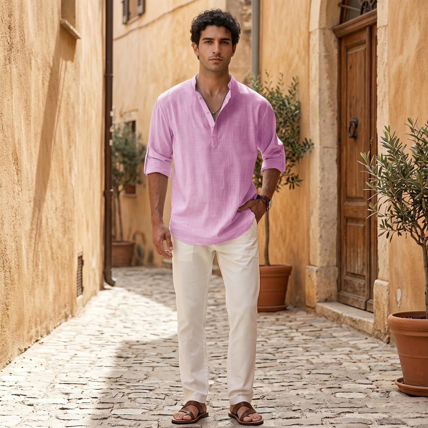 Aurelio | Men's Linen Shirt – Stand Collar, Relaxed Fit