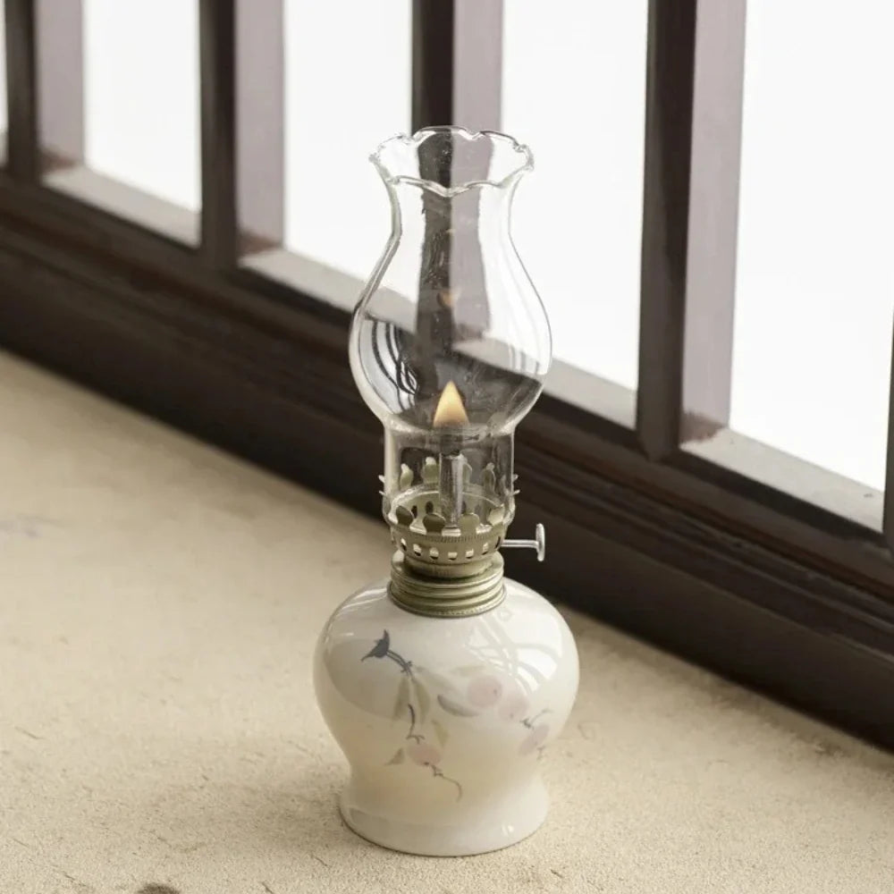 Ceramic Oil Lantern with Glass Shade, 18 cm | Adjustable Wick Flame, Bud or Classic Shape | Windproof Ambient Lighting 16