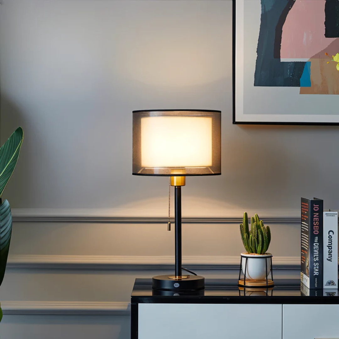 Table Lamp with Double-Layer Fabric Shade | Vintage Metal Base for Bedroom & Living Room | Warm White Ambient Lighting 3