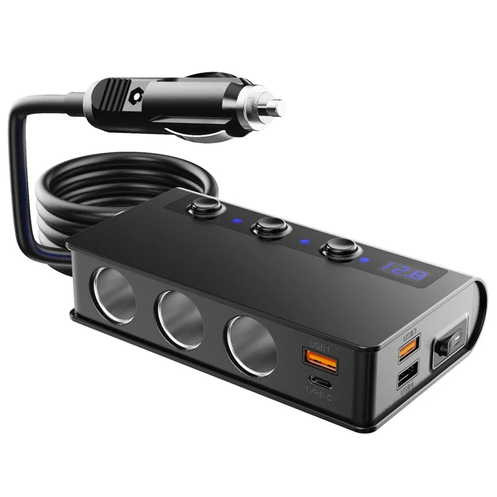 4-Port Car Fast Charger Adapter - Cigarette Lighter Sockets & USB Ports 0