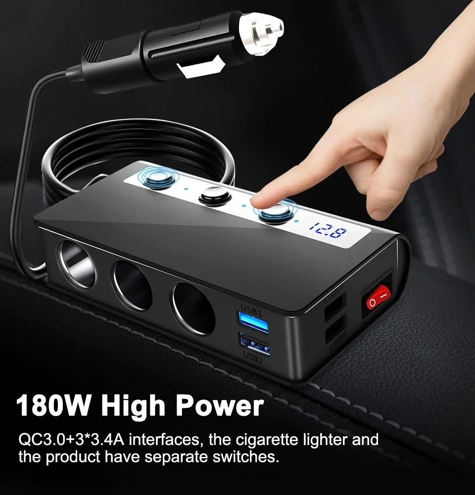 4-Port Car Fast Charger Adapter - Cigarette Lighter Sockets & USB Ports 1