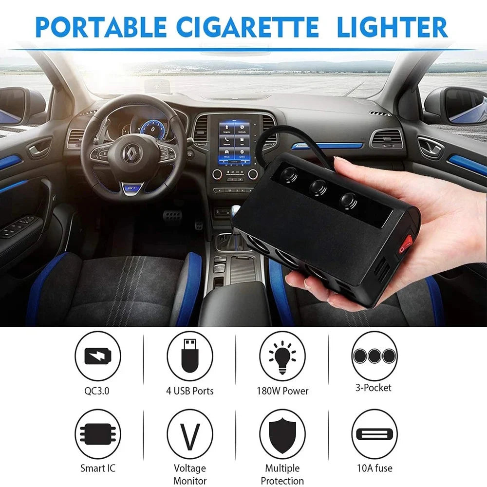 4-Port Car Fast Charger Adapter - Cigarette Lighter Sockets & USB Ports 2