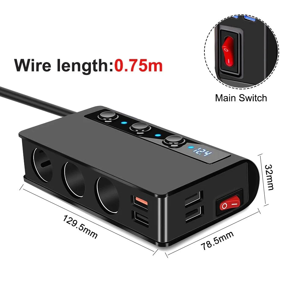 4-Port Car Fast Charger Adapter - Cigarette Lighter Sockets & USB Ports 3